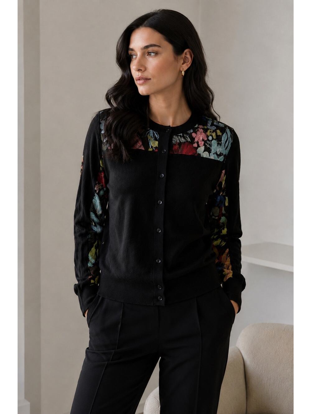 Ted Baker London Ileena Floral Print Mixed Media Cardigan Dark Floral Quiet Luxe
